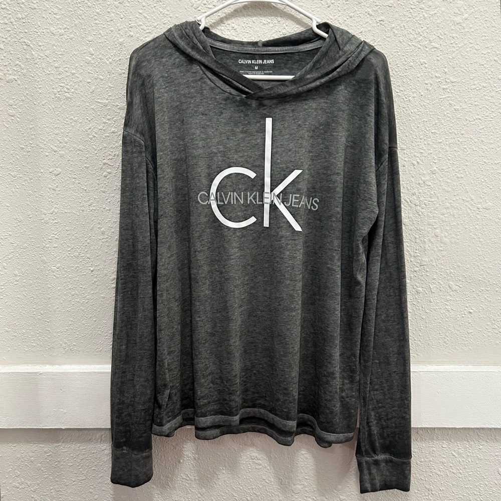 Calvin Klein Jeans Dark Grey Heritage Logo Burnout Pullover Hoodie Size M